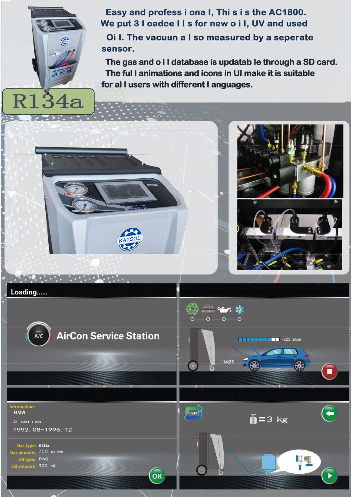 Fully Automatic R-134A Recovery, Recycle & Recharge DUAL AC1800 Machine